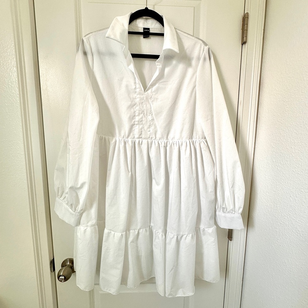 Women's Preppy White Ruffle Dress with Long Sleeves and Collar - Large